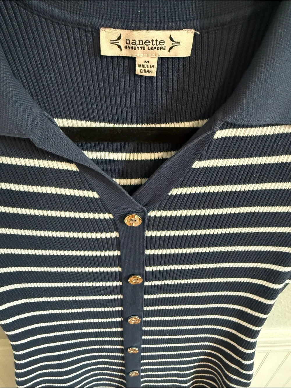 Nanette Lepore Striped Ribbed Knit Polo Midi Dress Navy White Size M - Mint - Picture 2 of 3